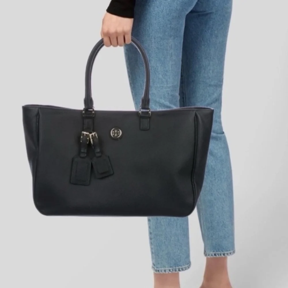 Black Leather Tory Burch Tote Bag with Gold Accents - Picture 2 of 13